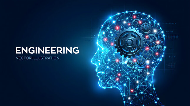 Digital Engineering Mindscape: An intricate digital illustration showcases a person's head, intricately detailed with networks, gears, and illuminated nodes.