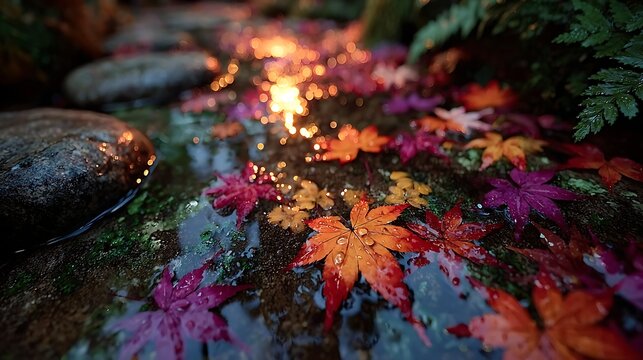 Quiet forest path covered by glowing autumn leaves image illustration