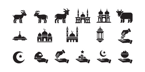 Obraz premium Islamic Eid al-Adha Symbols and Charity Silhouette Icons for Festival of Sacrifice