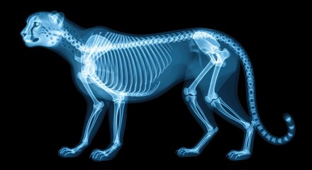 Fototapeta premium Blue Xray Cheetah Skeleton Standing in Dark Medical Scan View