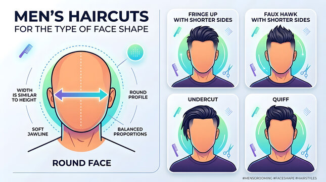 Men's Haircuts Infographic: A stylized infographic showcasing diverse men's haircuts tailored to different face shapes, providing a visual guide to style and grooming.
