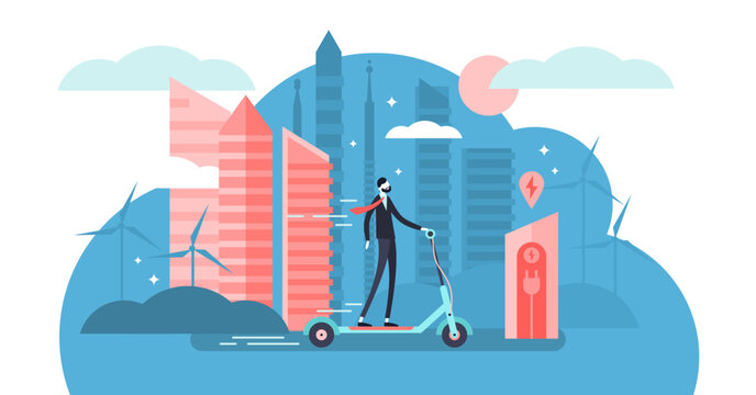 Electric scooter illustration, transparent background.Flat tiny electric transport person concept.Outdoor drive gadget equipment for alternative or environment friendly traffic.