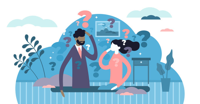 Thinking couple illustration, transparent background. Life confusion in flat tiny persons concept style. Question marks around head as anxiety, brain fog, crisis, frustration and dilemma symbol.