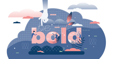 Naklejka premium Be bold mindset illustration flat tiny persons concept, transparent background. Abstract decorative modern style quote letters. Inspirational personal vision idea.