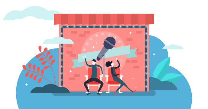 Comedy illustration, transparent background. Flat tiny funny humor stand up show person concept. Entertainment event scene with comedian artist on improvisation or improw stage.