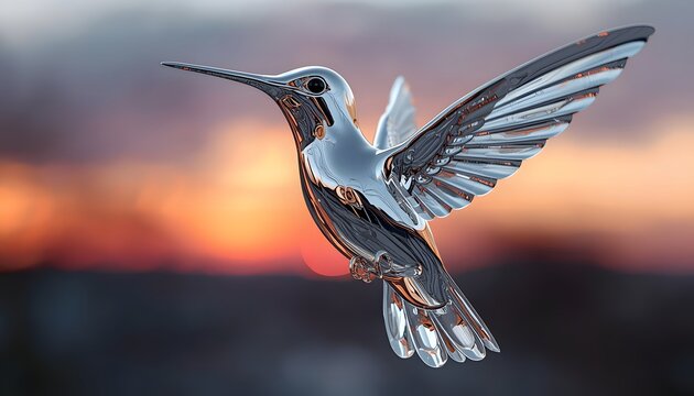 Hyper-detailed 3D render of a hummingbird made entirely of liquid chrome and molten silver frozen in mid-flight with sunset reflections.