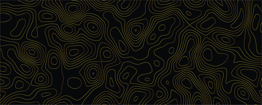 Gold topographic contour lines forming an abstract pattern on a solid black background representing geographical elevation maps or fluid liquid movement in a repeating linear style