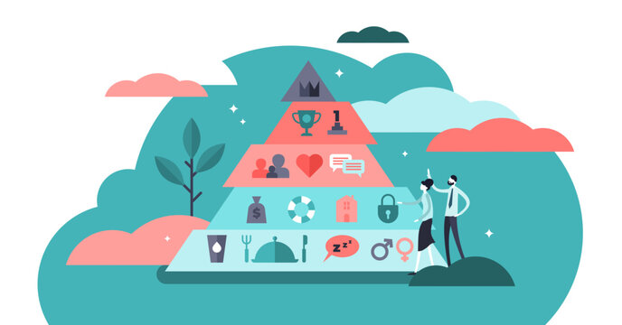 Basic needs illustration, transparent background. Flat tiny Maslows hierarchy person concept. Triangle pyramid with physiological, safety.
