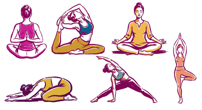 Yoga poses vector illustration set. Women practicing meditation and stretching. Health and wellness concept. Hand drawn yoga asanas collection.