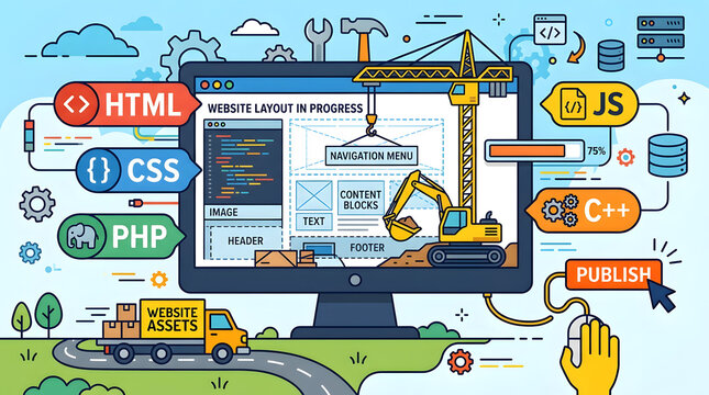 Web Design in Progress: A digital illustration of website layout being constructed with the elements of design and development with computer and tools