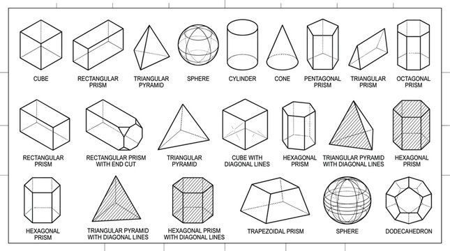 Geometric 3D Shapes Collection with Cube Prism Pyramid Sphere Cylinder Cone and Dodecahedron Vector Illustration