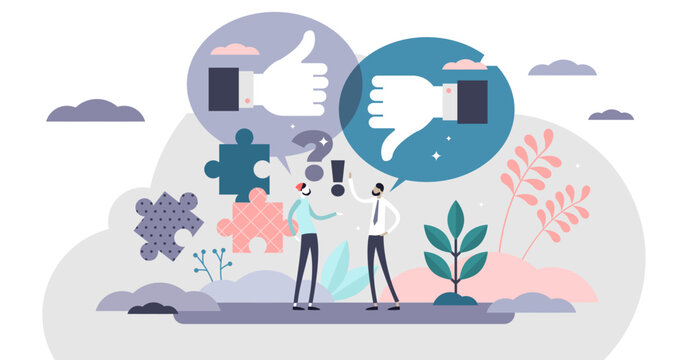 Constructive criticism illustration, transparent background.Opinion discussion in flat tiny persons concept.Symbolic like or dislike suggestion for correct rating and judgement.