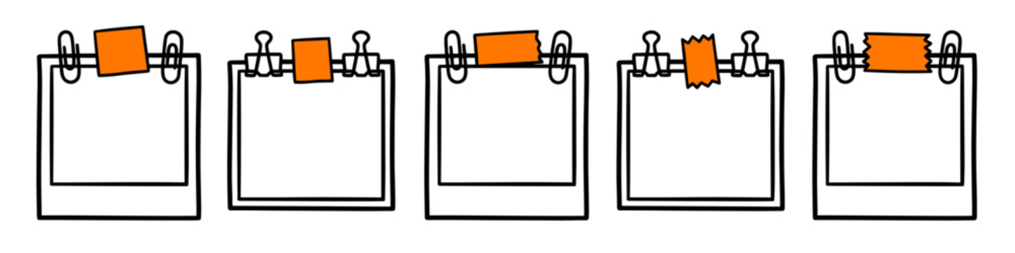 Hanging empty photo frame collection. Minimalist dark border photograph with black binder clips. Modern snapshot mockup for gallery display. Vector illustration on transparent background.