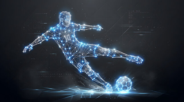 Digital Soccer Excellence: A dynamic, digital representation of a soccer player, skillfully kicking a ball with precision and power.