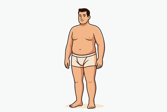 Full length illustration of a middle aged man with a realistic body type standing in his underwear against a plain light background.