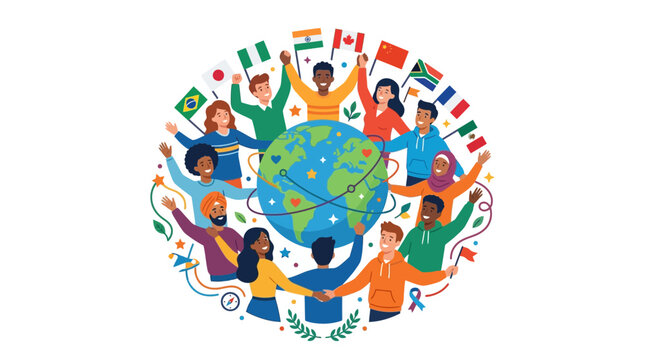 Diverse group of happy people standing around a world globe holding international flags.