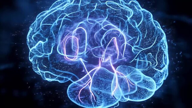 Futuristic digital brain with glowing neural networks and data particles representing artificial intelligence and cognitive computing.