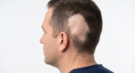 Fototapeta premium A man showing a distinct bald patch on his scalp, a symptom of alopecia areata, isolated on a white background.