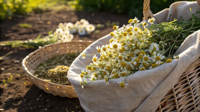 Freshly Harvested Chamomile Flowers in Linen Basket Outdoors