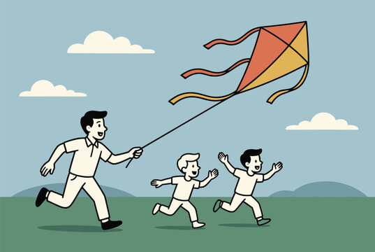 Happy father and his two young sons enjoy running together outdoors while flying a colorful kite in the park on a bright day.