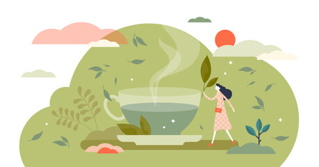 Fototapeta premium Green tea illustration, transparent background. Herbal drink in flat tiny persons concept. Hot natural beverage with ecological leaves. Organic delicious fresh morning taste.