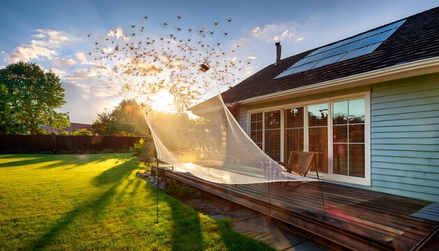keeping mosquitoes at bay swarm outdoors mosquito screen protection sunny day suburban house backdrop