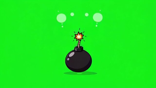 Cartoon Black Bomb Shaking and Burning Fuse Green Screen Animation Explosive Game Asset