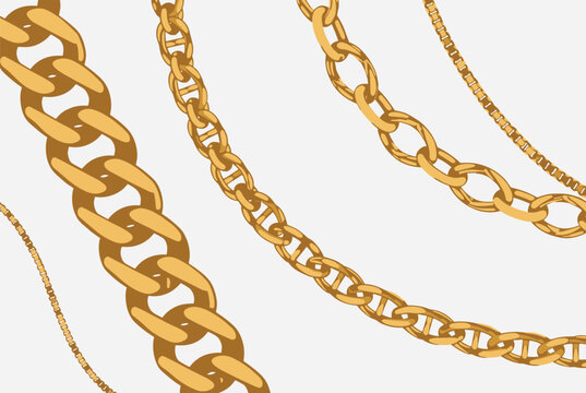 Close up of various gold jewelry chains featuring different link styles and thicknesses arranged in elegant curves over a plain background.