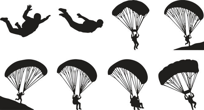 Parachute jump silhouettes, skydiving vector art, freefall illustration, tandem parachute design, landing sequence artwork, extreme sport graphic icons