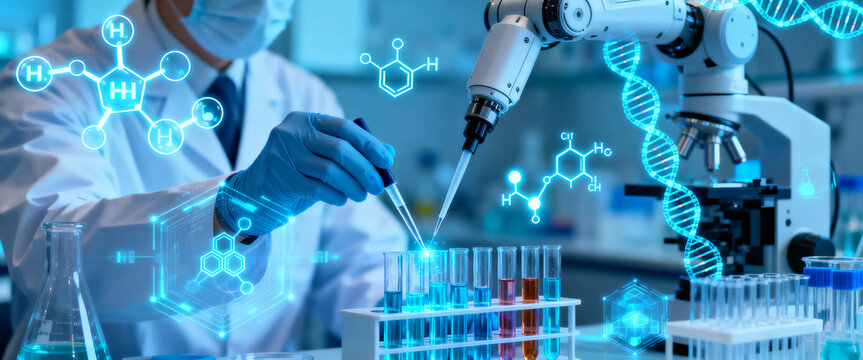 Science laboratory research with chemist and robotic arm, advanced biotechnology and DNA helix