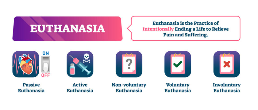Euthanasia illustration, transparent background. Labeled medical intentionally life ending explanation. Disease suffering and voluntary lethal injection relief.