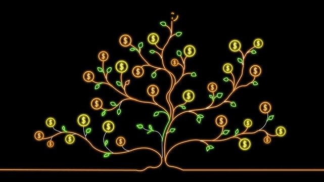 Money Tree Growth Concept Animation Growing Outline Tree branches with dollar coin symbols on  Black Background, Wealth creation, investment success, passive income, business prosperity, 