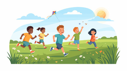 Group of diverse children running and playing together outdoors. © Naila