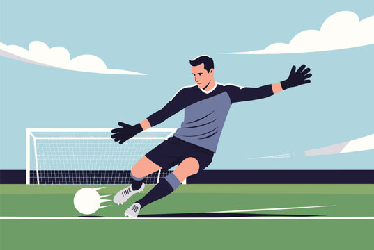 Professional soccer goalkeeper in action dives horizontally to save a fast moving white ball during a match on a green grass field.