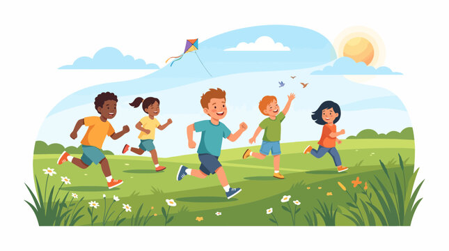 Group of diverse children running and playing together outdoors.