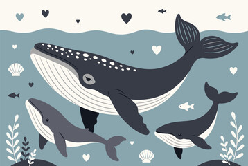 Fototapeta premium Humpback whale family with a mother and two calves swimming in a deep blue ocean with decorative hearts and marine life.