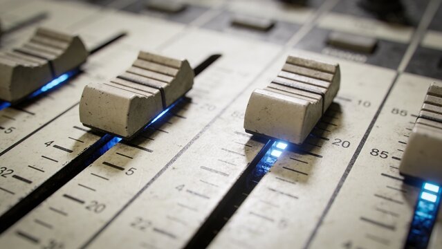 Professional audio mixing console closeup worn faders illuminated blue led channels vintage soundboard music production equipment sound engineering studio technology analog mixer broadcast control pan