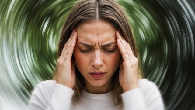 A woman holds her temples with a pained expression, with a swirling blurred background suggesting dizziness or headache.