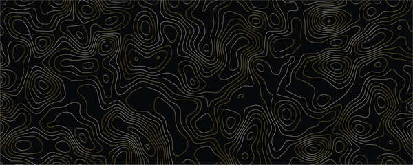 Topographic map pattern with thin gold contour lines on a solid black background representing elevation changes and geographic terrain in a repeating abstract layout © VxGFX