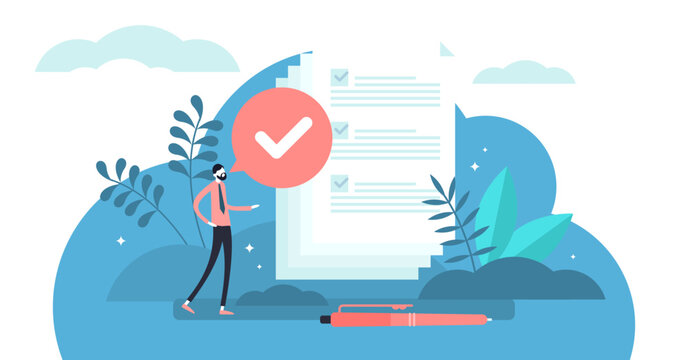 Task done illustration, transparent background. Flat tiny check to do list persons concept. Symbolic positive and approved checklist or completed project validation form. Good and confirmed exam.
