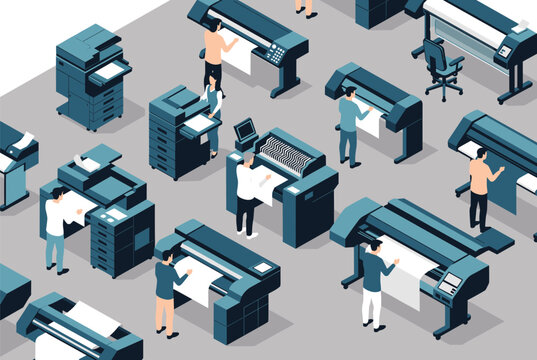 Busy modern print shop or architectural office with professional staff operating various large-format plotters and printers.
