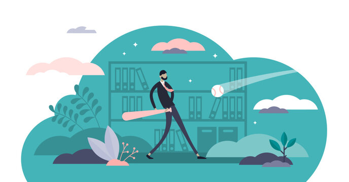 Play hardball illustration, transparent background. Business strategy in tiny persons concept. Allegory comparison with baseball game and company management approach.