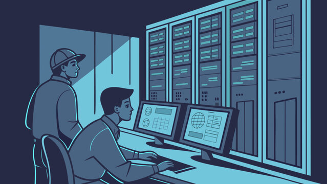 System engineers analyze complex data architecture while maintaining secure server rack hardware.