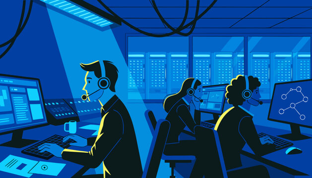 Technical support staff monitor network servers and digital security protocols in a dark room.