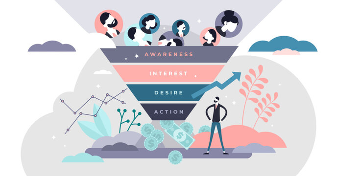 Marketing customer journey funnel tiny persons flat illustration concept.