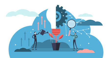 Innovation illustration, transparent background. Flat tiny creativity ideas persons concept. Teamwork with solution lightbulb symbol. Imagination vision analysis and invention research. © VectorMine