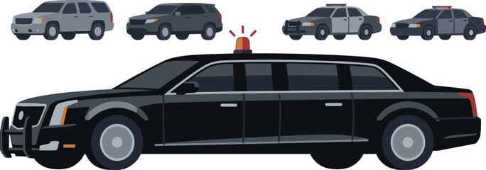 Cartoon Illustration of a Limousine and Police Cars with Sirens for Transportation, Security, and Emergency Services Projects © Sanjida