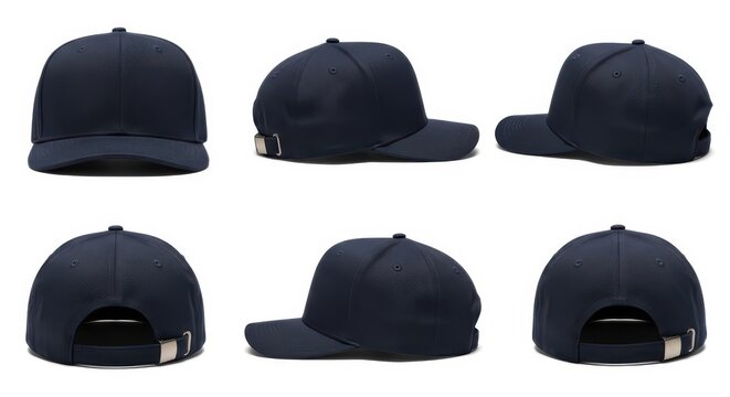 Dark blue snapback baseball caps in various angles and views