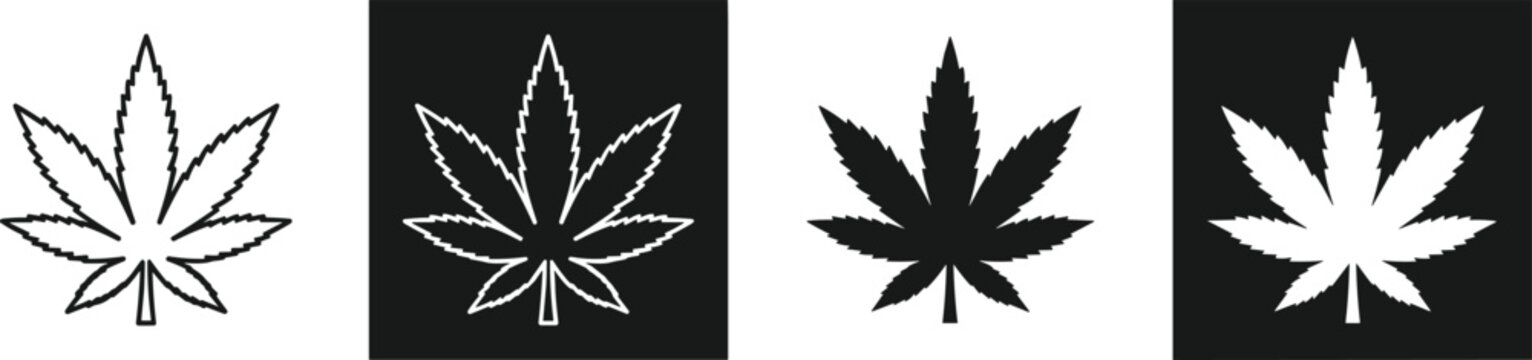 Cannabis Leaf Icon Set with Outline and Solid Styles on White and Black Backgrounds for Medical, Legal, and Design Use