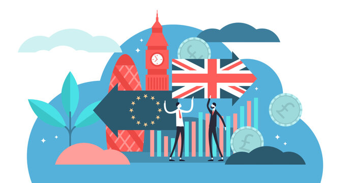 Brexit illustration, transparent background. Flat tiny UK leaving EU referendum persons concept. Britain exit european union vote crisis symbol. Economical and political decision choice result.